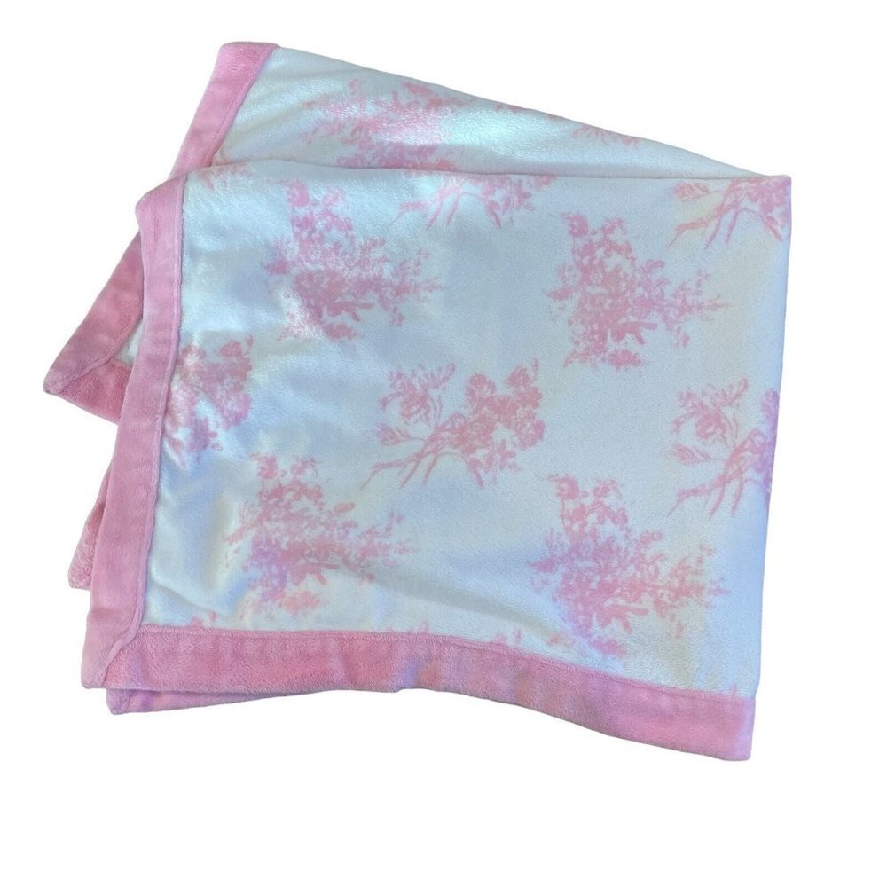 Blankets and Beyond Pink Baby Blanket Plush Security Minky Trim White Bouquets